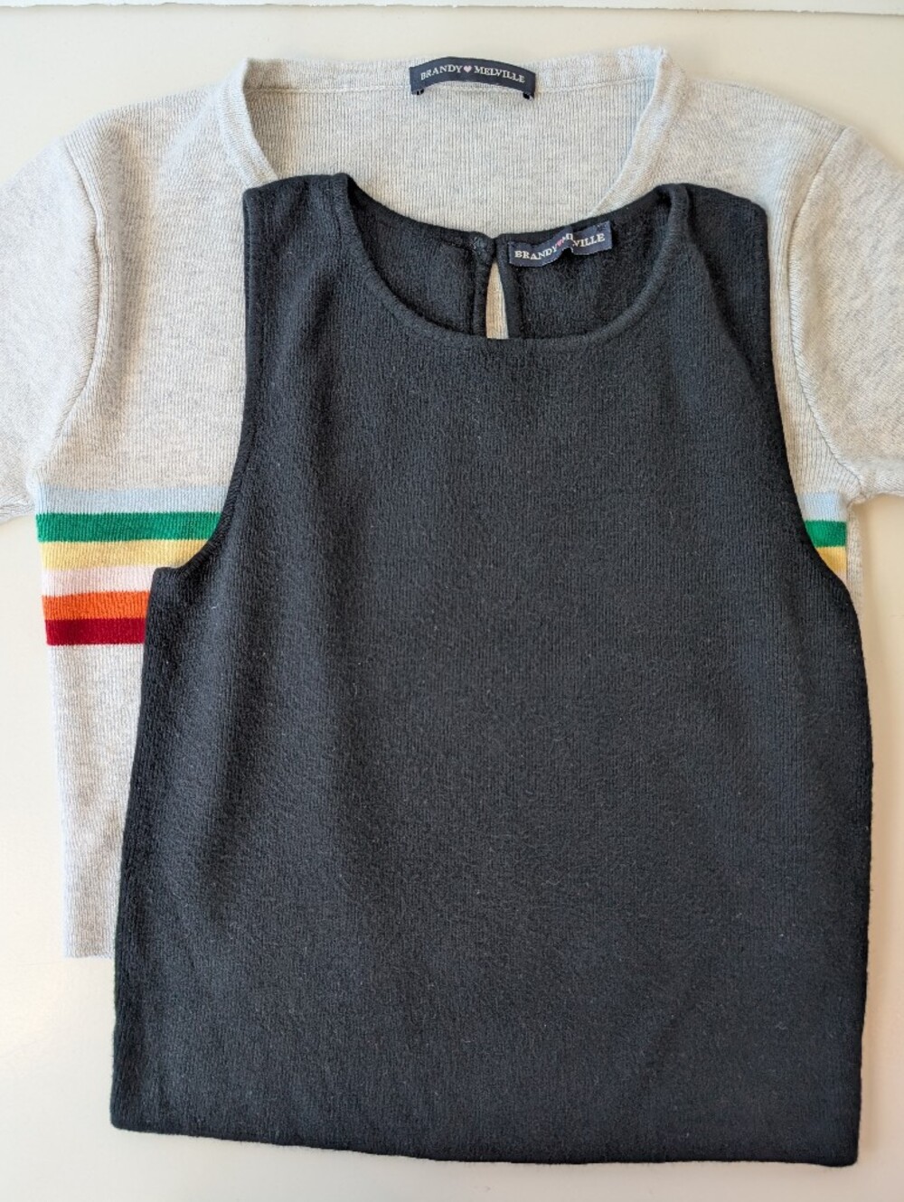Brandy Melville Knit Tops Bundle | Black Keyhole Tank & Rainbow Stripe Short-Sle